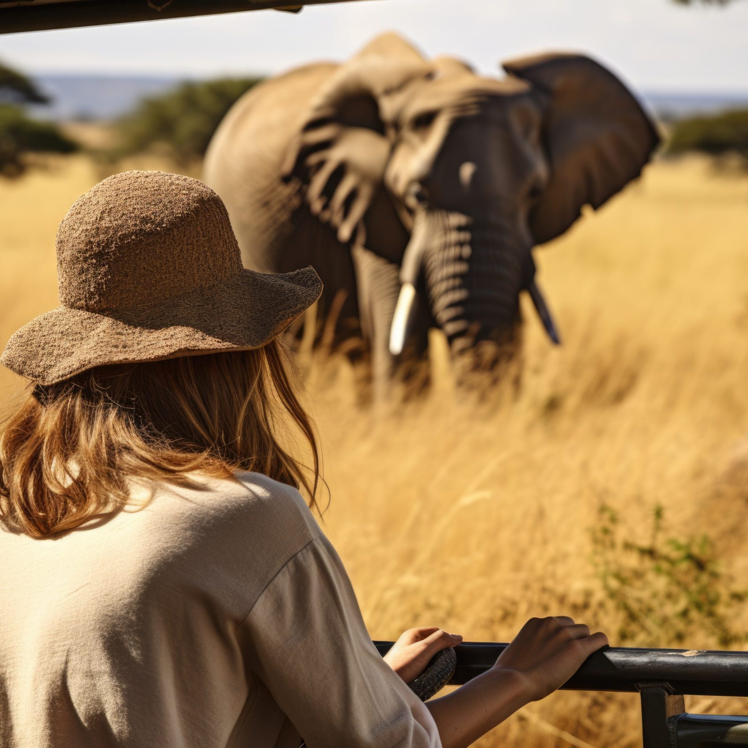 Eco travel and responsible tourism. Woman tourist on a safari in Africa, traveling by car with an open roof. AI Generated